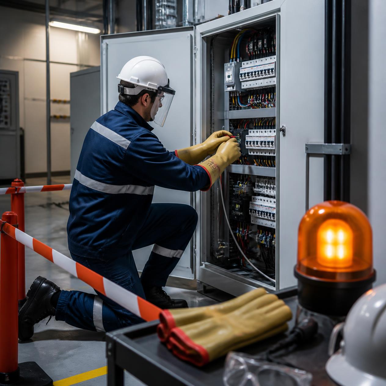 iş sağlığı ve güvenliği (İSG) kurallarına uygun olarak gerçekleştirdiği güvenli elektrik saha ve pano çalışması