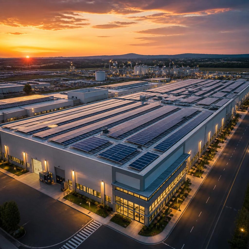 Fabrika çatısında güneş panelleri, endüstriyel tesis güneş enerjisi sistemi, işletme binası çatı GES kurulumu, yazısız GES projesi ve enerji panelleri