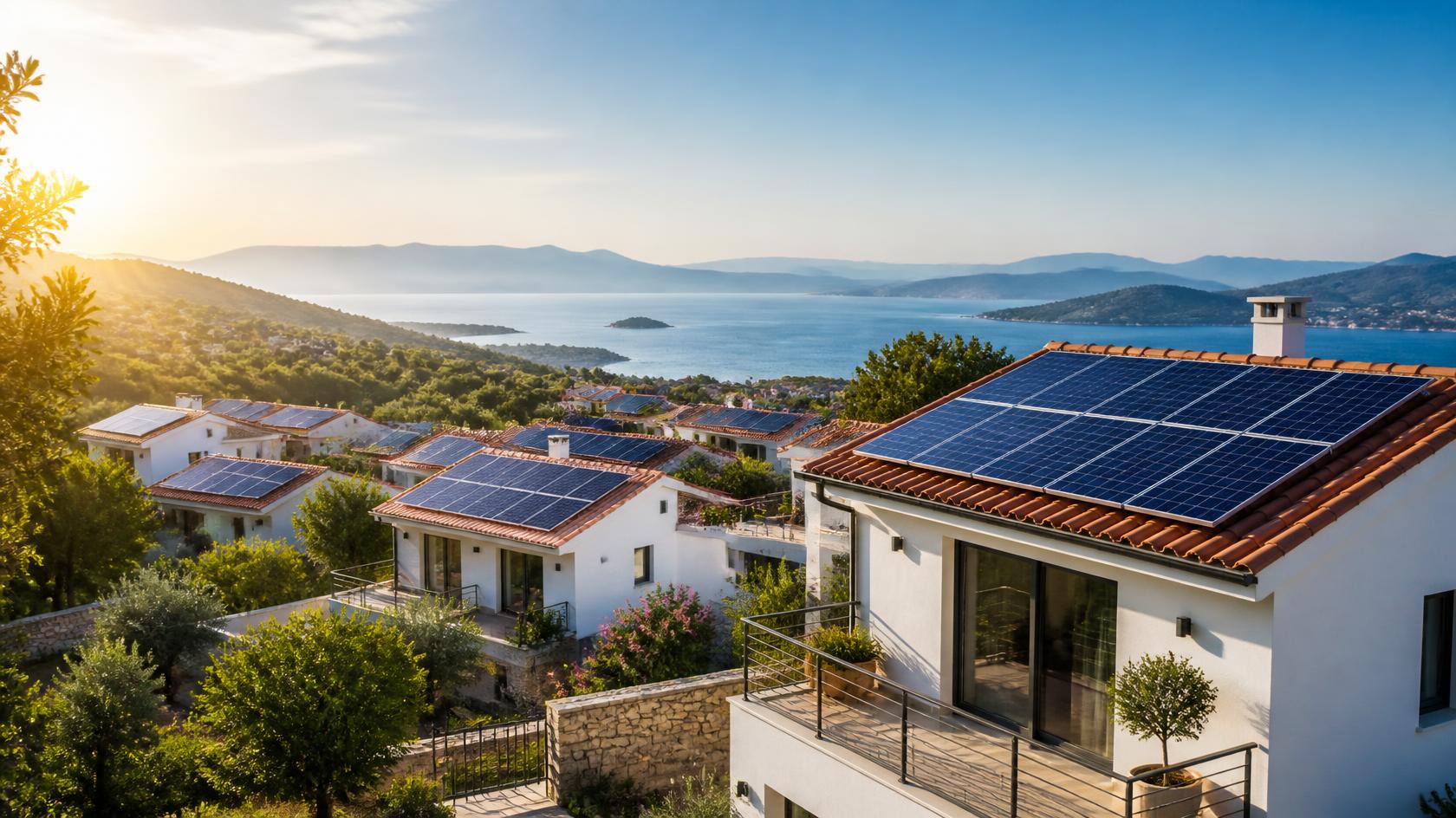 Muğla'da bir binanın çatısına kurulan güneş enerjisi GES panelleri